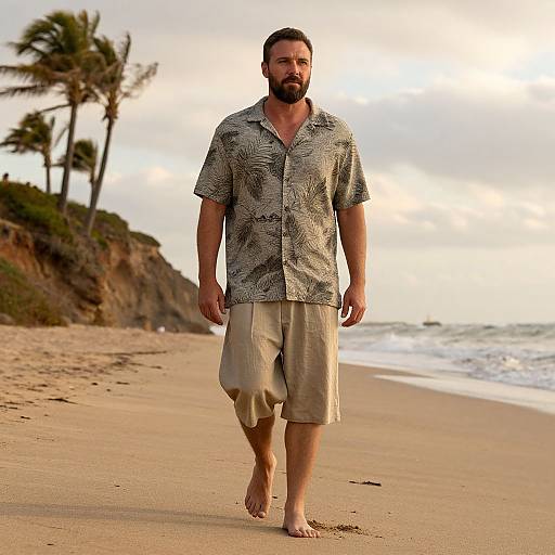 Photograph of a bearded man with short hair, wearing a patterned shirt and beige knee-length shorts, walking barefoot on a sandy beach with