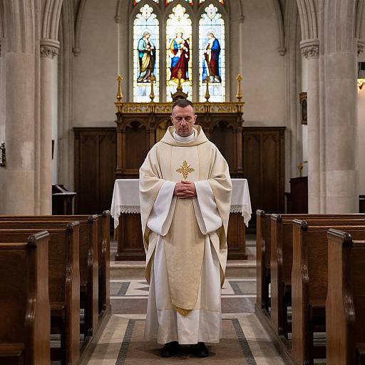 Photograph of a Catholic priest in white vestments, standing in a church aisle, holding a gold cross, with a colorful stained glass window in the