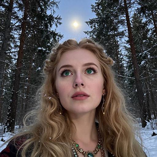 Photograph of a fair-skinned, blue-eyed woman with wavy blonde hair, wearing a gold necklace and earrings, standing in a snowy forest with