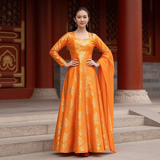 Photograph of a confident woman in an orange, long-sleeved, floral-embroidered traditional dress, standing on stone steps in front of