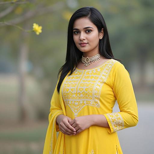 Photograph of an Indian woman with long black hair, wearing a yellow embroidered traditional outfit and ornate necklace, standing outdoors.