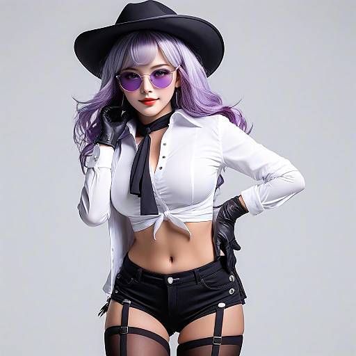Digital artwork of a confident, purple-haired woman in a black hat, purple sunglasses, white tie-front shirt, black shorts, garter belt, and