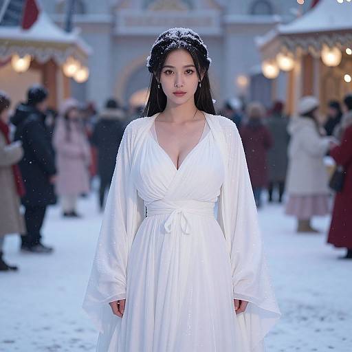 Photograph of an Asian woman with snow-dusted black hair, wearing a white, V-neck, long-sleeved gown, standing in a snowy