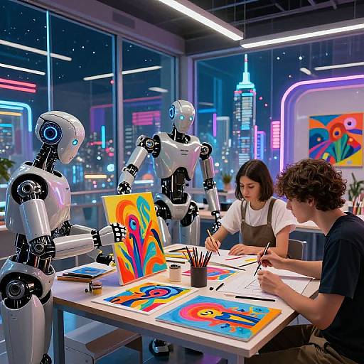 Photorealistic CGI: Three people, two humans and one robot, create vibrant abstract art in a futuristic, neon-lit city office.