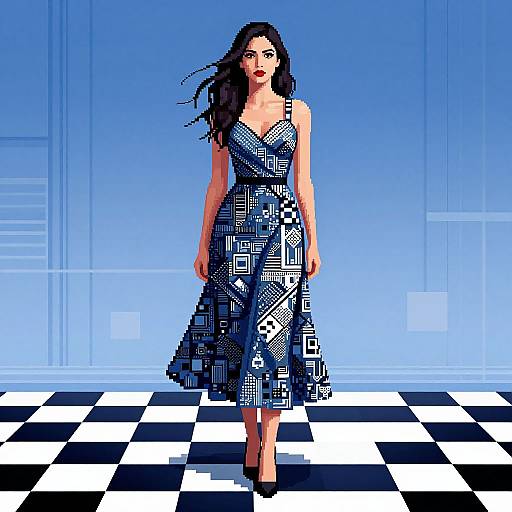 Digital art of a brunette woman in a geometric-patterned blue dress, standing on a black-and-white checkered floor, against a gradient blue background.
