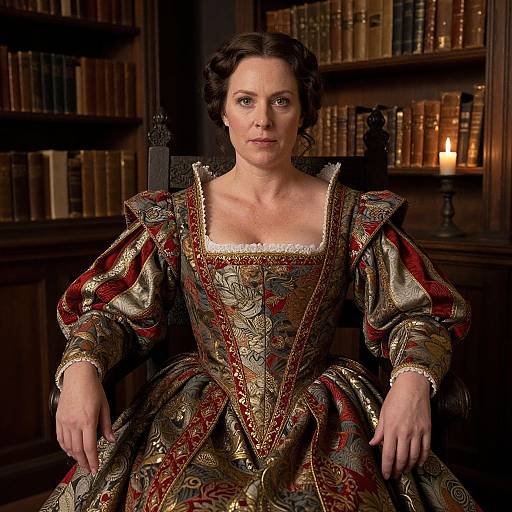 Photograph of a serious-looking woman in an elaborate, Renaissance-style dress with intricate red, gold, and green patterns, seated in a dimly lit