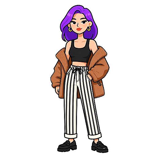 Digital drawing of a stylish woman with purple hair, wearing a black tank top, striped white and black pants, brown fur jacket, black shoes, and