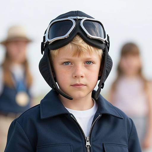 Photograph of a young blonde boy with blue eyes, wearing a black aviator helmet with goggles, and a dark zip-up jacket, blurred background of