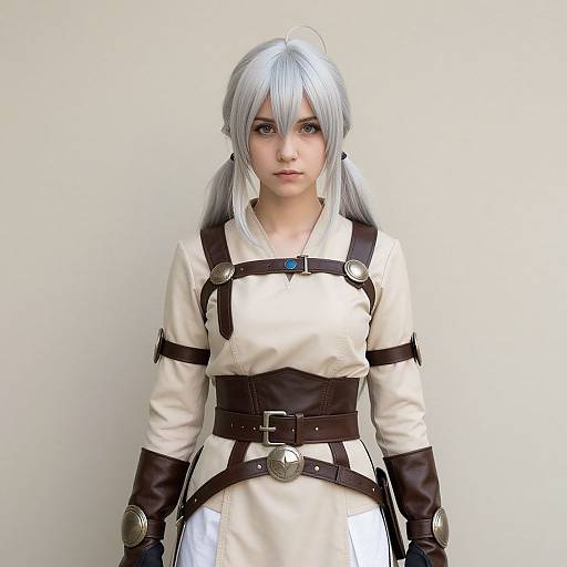 Photograph of a young woman in detailed white and brown cosplay, with silver hair in pigtails, wearing a harness and gloves.
