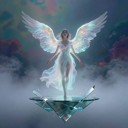 Digital art: Angelic woman with glowing white wings and flowing dress stands on a shattered glass platform, surrounded by mist and colorful clouds.