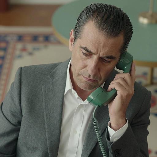 Serious Man in Suit with Rotary Phone