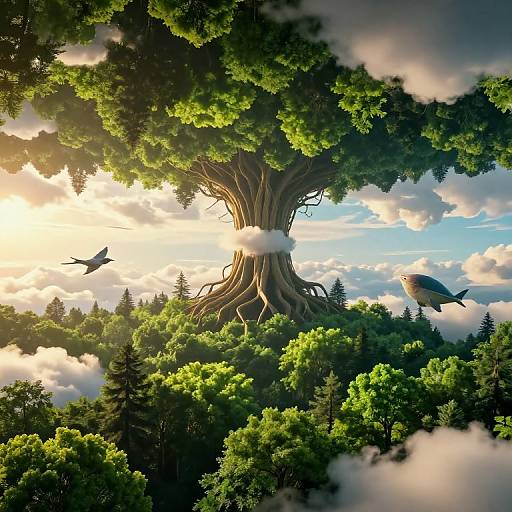 Digital art: Massive tree with thick trunk emerging from dense forest, sunlight filtering through clouds, two birds flying around, vibrant green foliage, serene sky,