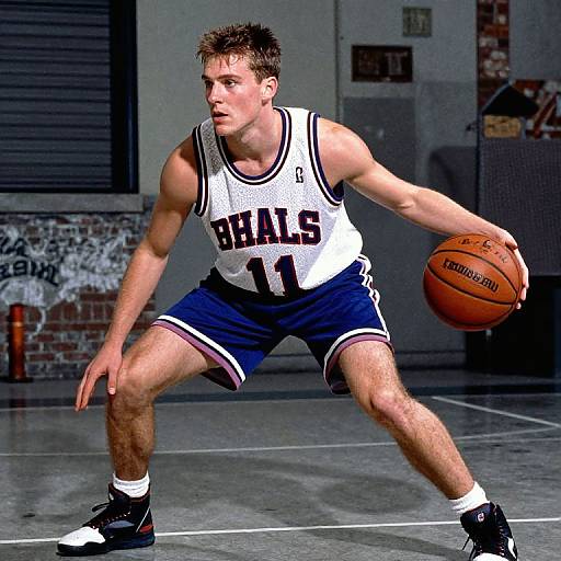 Photograph of a muscular, short-haired male basketball player in a white 