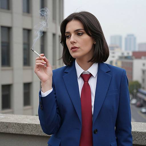 Photograph of a serious dark-haired woman in a blue suit, red tie, smoking a cigarette on a city balcony.