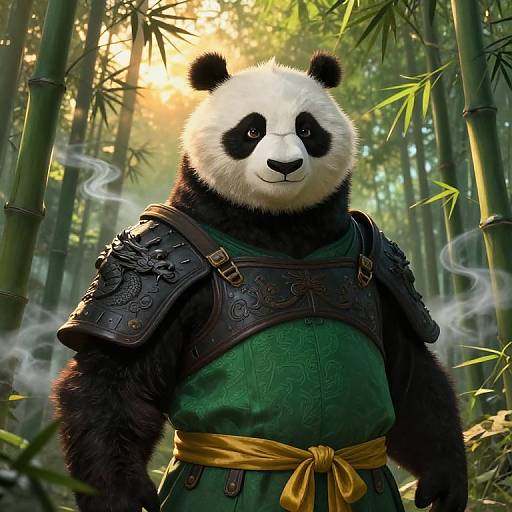 Digital artwork of a panda in traditional Chinese armor, standing in a sunlit bamboo forest with smoke swirling around.