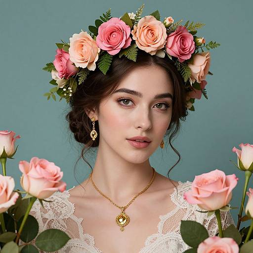 Photograph of a fair-skinned woman with dark hair, wearing a floral crown of pink and peach roses, lace dress, gold necklace, and earrings