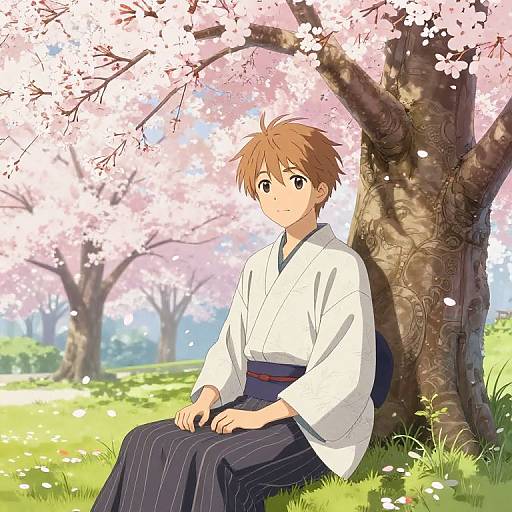 Anime Boy Under Blooming Sakura Tree