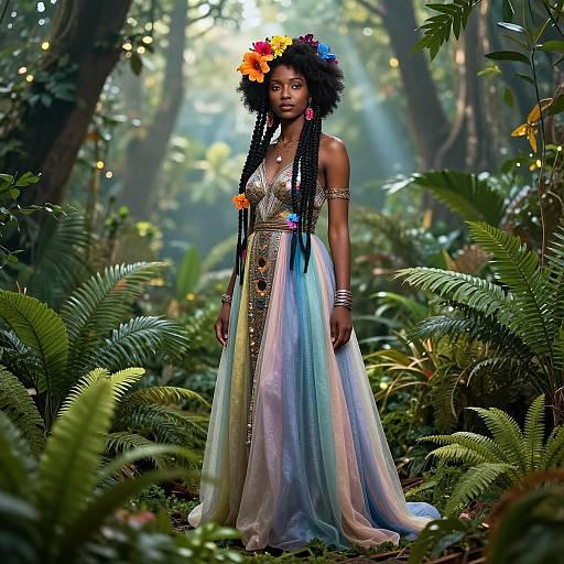 Photograph of a dark-skinned woman with afro and braids, wearing a colorful flower crown, rainbow skirt, and beaded top, standing