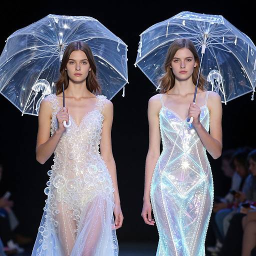 Photograph of two slender, white-skinned women with brown hair, wearing glowing, transparent white dresses with floral embellishments, holding clear umbrellas on