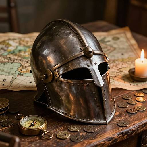 Photograph of a worn, metallic medieval knight's helmet on a wooden table with coins, a compass, a map, and a lit candle.