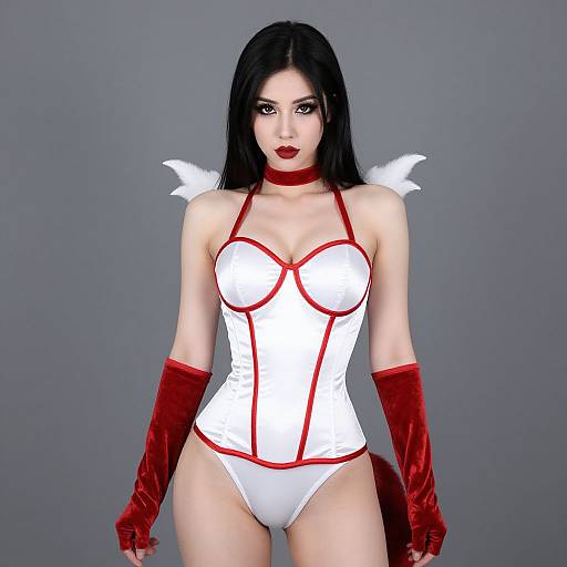 Photograph of a pale-skinned woman with black hair, red lipstick, wearing a white and red corset, matching panties, red gloves, and