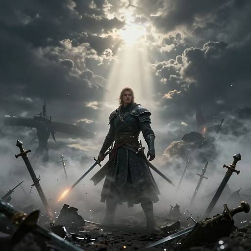 Epic digital art: armored warrior with beard stands amidst broken swords, glowing sun behind dramatic clouds, dark, smoky battlefield.