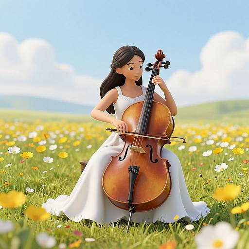 Digital illustration of a cute, brown-haired woman in a white dress playing a cello in a vibrant, sunny meadow filled with yellow and white flowers