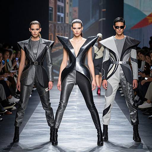 Photograph of three male models on a runway, wearing metallic, sharp-shouldered, black and white suits, with high boots, dark sunglasses,