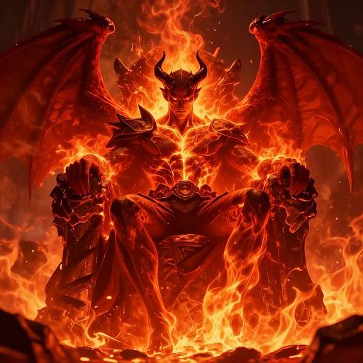Digital artwork of a fiery, demonic warrior with large wings, sitting in a blazing inferno, surrounded by intense orange flames.