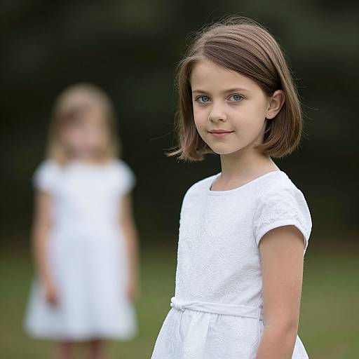 Photograph of two young girls in white dresses, blurred background, one in focus with brown bob haircut, green eyes, standing outdoors.