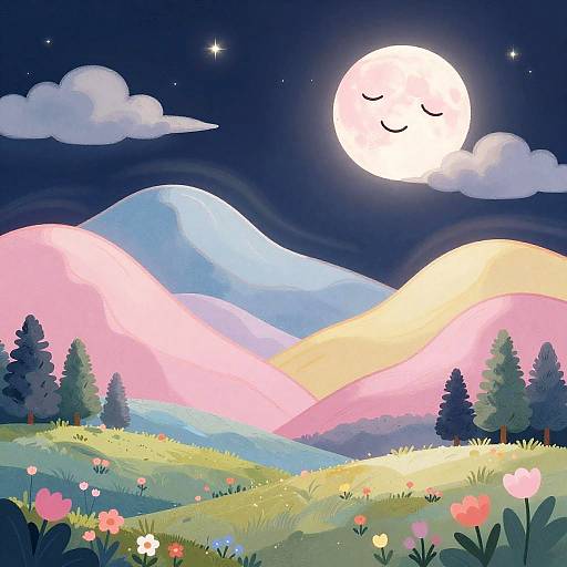Digital illustration of a dreamy night landscape with a smiling full moon, pink and blue rolling hills, starry sky, fluffy clouds, and colorful flowers