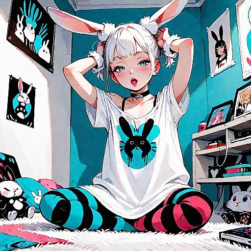 Digital anime-style drawing of a white-haired girl with bunny ears, wearing a white shirt with a black bunny print, striped red and blue leggings, sitting
