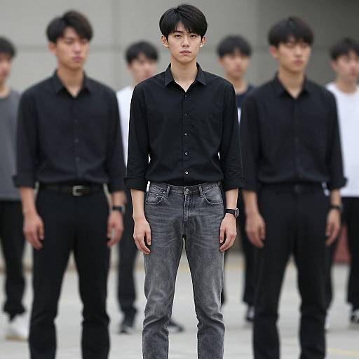 Photograph of a young Asian man with black hair, wearing a black shirt and grey jeans, standing in front of six similarly dressed men in black,
