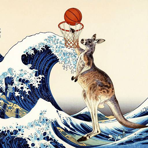 Kangaroo Dunking Basketball in Hokusai Style