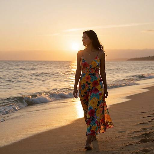 Photograph of a woman in a colorful floral dress walking on a beach at sunset, with sunlight reflecting on the waves.