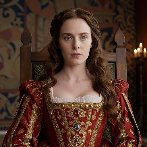 Photograph of a fair-skinned woman with long brown hair, wearing a red and gold medieval-style dress, seated on a wooden chair, in a