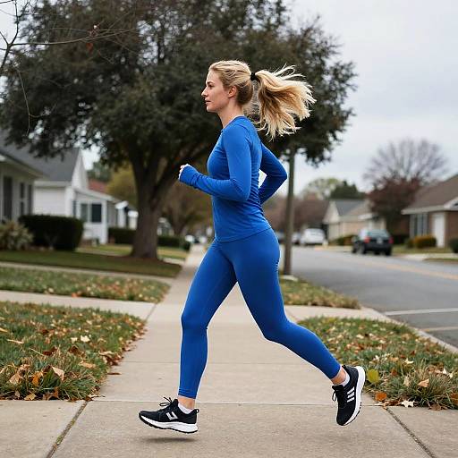 Photograph of a blonde woman in a blue long-sleeve and leggings, black sneakers, running on a suburban sidewalk. Fall leaves on ground,