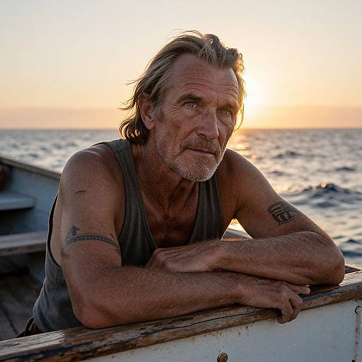 Photograph of a weathered, middle-aged man with gray beard, wearing a sleeveless dark shirt, leaning on a boat railing at sunset, with