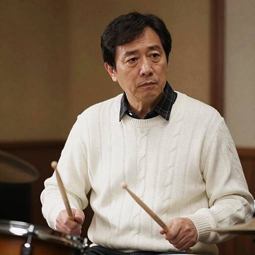 Serious Middle-Aged Man with Drumsticks