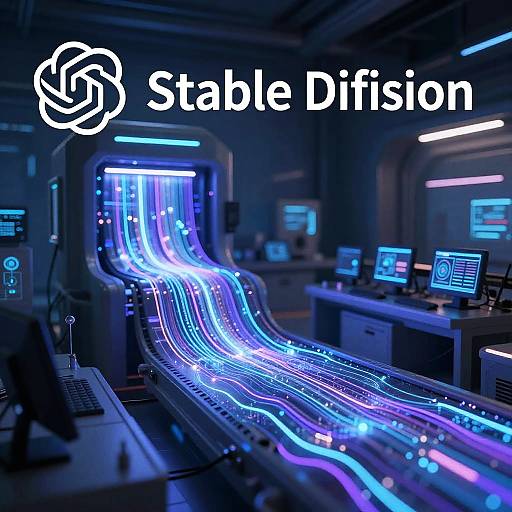 Photograph of a futuristic control room with glowing blue and purple neon lines on a central conveyor belt, labeled 