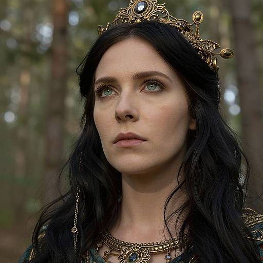 Photograph of a pale-skinned woman with long black hair, wearing a detailed gold crown and necklace, with a forest background.