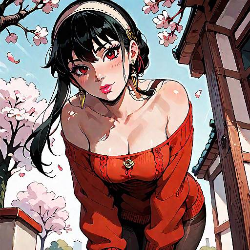Seductive Anime Girl Under Cherry Blossoms