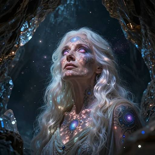 Photograph-like CGI of an ethereal, white-haired woman with glowing purple eyes, intricate tattoos, and cosmic light reflections, framed by dark, star