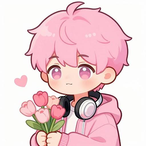 Cute anime-style digital drawing of a pink-haired boy with large pink eyes, holding pink tulips, wearing a pink hoodie and black headphones, against