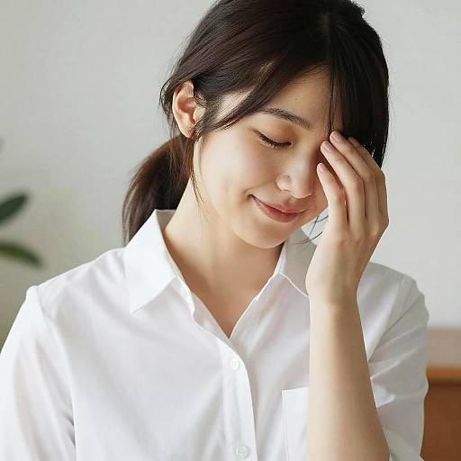 Shy Smiling Japanese Woman in White Shirt