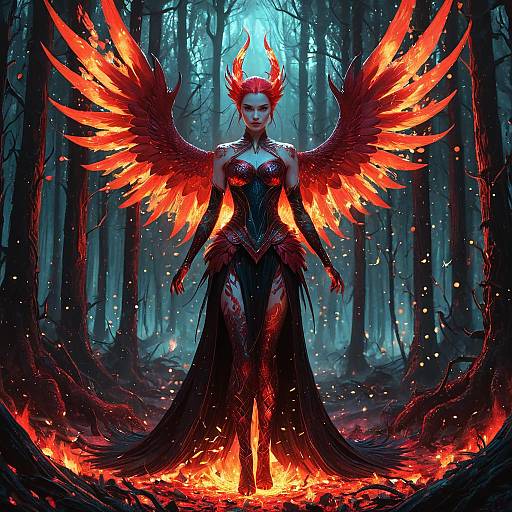 Crimson Phoenix Woman in Dark Forest