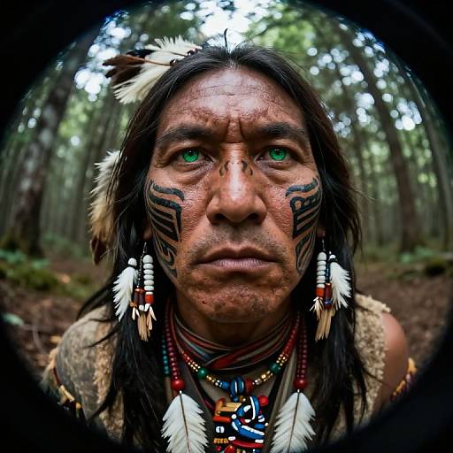 Photograph of an indigenous man with green eyes, black feathered hair, tribal face paint, and colorful bead necklaces, standing in a forest.