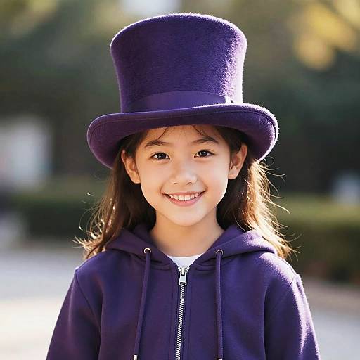 Photograph of a smiling young girl with light brown skin, brown eyes, and long dark hair, wearing a navy blue top hat and hoodie, standing