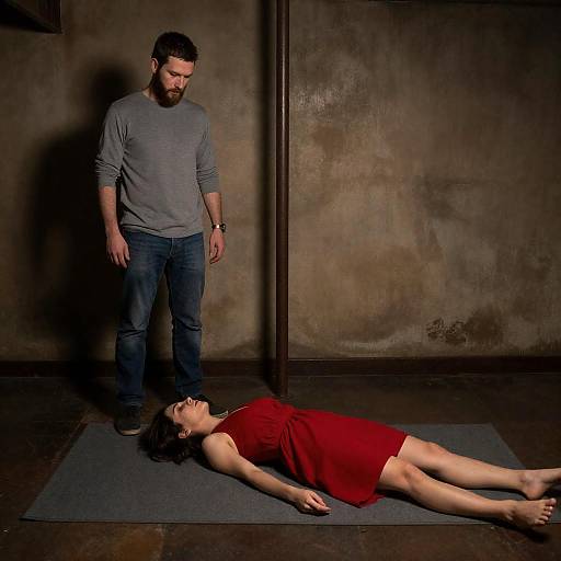 Man Standing Next to Woman Lying on Floor in Dim Basement