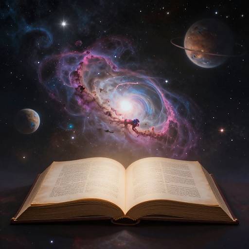 Open book emitting light, with cosmic nebula and planets in the background, blending text and space in a surreal image.